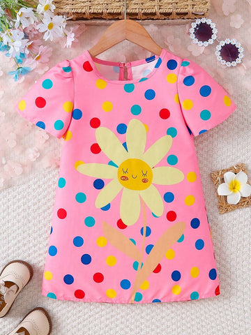Young Girls' Summer Floral & Polka Dot Printed Sleeveless Dress, Cute Vacation Style