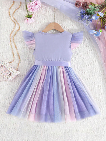 Young Girls' Summer Flying Sleeve Colorful Mesh Cute Printed Dress
