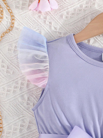 Young Girls' Summer Flying Sleeve Colorful Mesh Cute Printed Dress