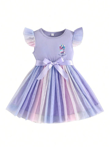 Young Girls' Summer Flying Sleeve Colorful Mesh Cute Printed Dress
