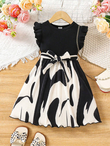 Young Girls' Summer Geometric Printed Round Neck Cap Sleeve Cute Dress