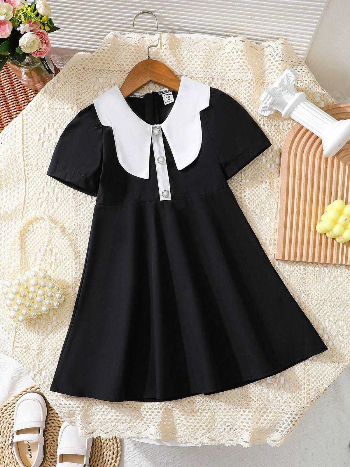 Young Girls' Summer Half-Placket Faux Pearl Decorated Dress