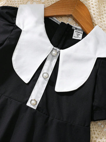 Young Girls' Summer Half-Placket Faux Pearl Decorated Dress