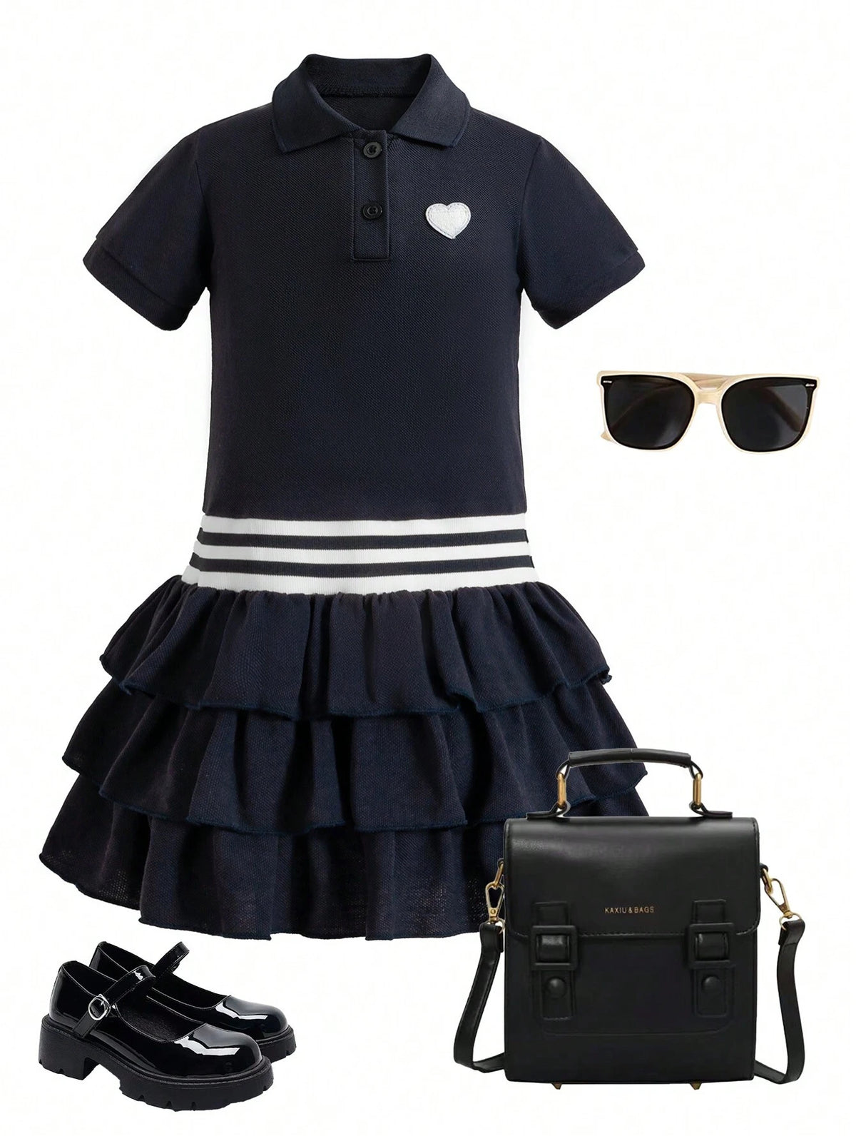 Young Girl's Summer Heart Striped Printed Short Sleeve Polo Collar Casual Dress, Navy Blue