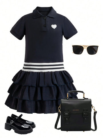 Young Girl's Summer Heart Striped Printed Short Sleeve Polo Collar Casual Dress, Navy Blue