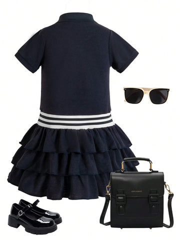 Young Girl's Summer Heart Striped Printed Short Sleeve Polo Collar Casual Dress, Navy Blue