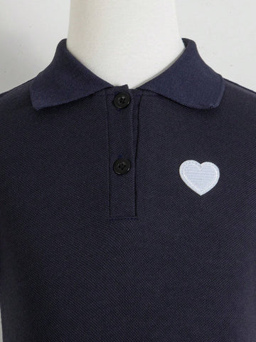 Young Girl's Summer Heart Striped Printed Short Sleeve Polo Collar Casual Dress, Navy Blue