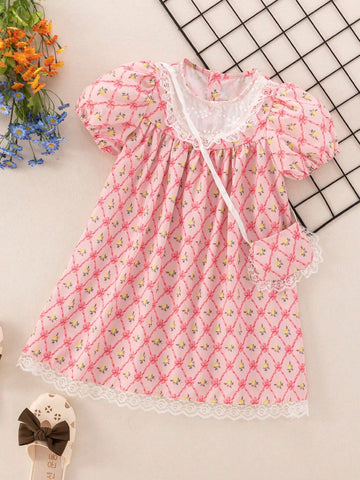 Young Girl's Summer Holiday Floral Contrast Lace Puff Sleeve Dress