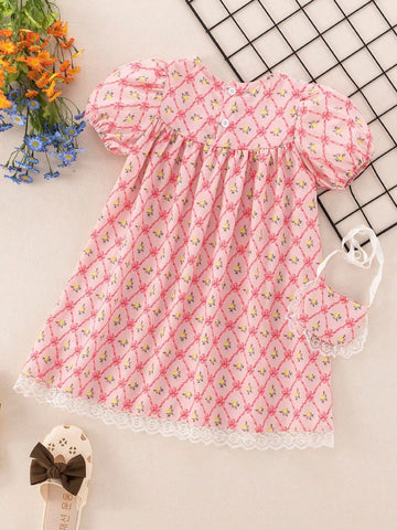 Young Girl's Summer Holiday Floral Contrast Lace Puff Sleeve Dress