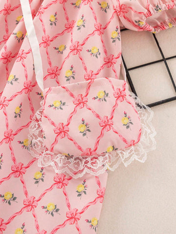 Young Girl's Summer Holiday Floral Contrast Lace Puff Sleeve Dress