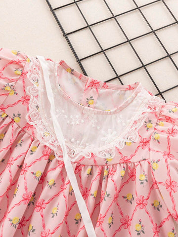 Young Girl's Summer Holiday Floral Contrast Lace Puff Sleeve Dress
