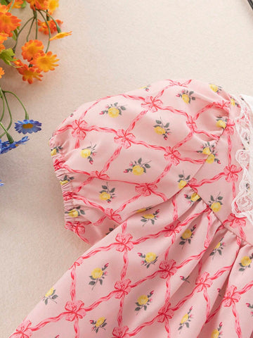 Young Girl's Summer Holiday Floral Contrast Lace Puff Sleeve Dress
