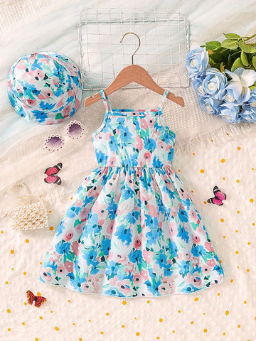 Young Girls Summer Holiday Floral Printed Strap Dress With Hat Set