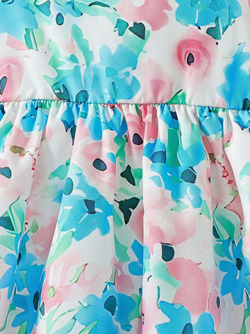 Young Girls Summer Holiday Floral Printed Strap Dress With Hat Set