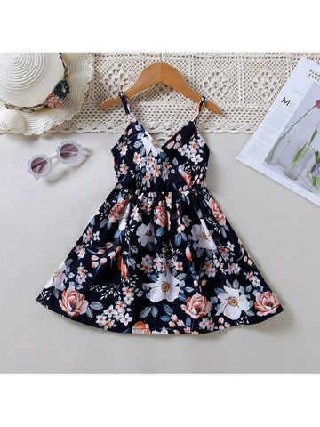 Young Girl's Summer Holiday Style Floral Printed Spaghetti Strap V-Neck Dress