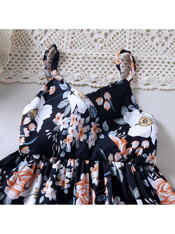 Young Girl's Summer Holiday Style Floral Printed Spaghetti Strap V-Neck Dress