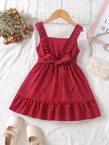 Young Girls' Summer Holiday Style Polka Dot Skull Print Sleeveless Dress With Ruffle Trim And Decorative Belt