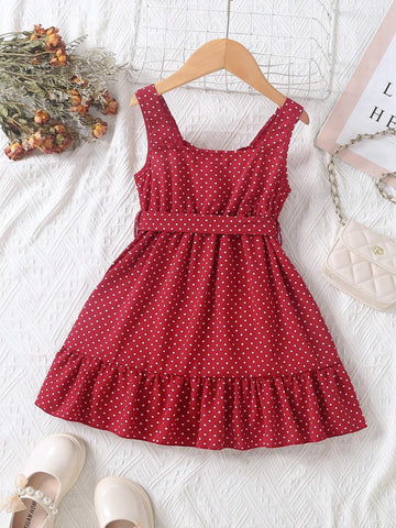 Young Girls' Summer Holiday Style Polka Dot Skull Print Sleeveless Dress With Ruffle Trim And Decorative Belt