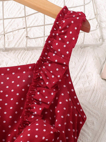 Young Girls' Summer Holiday Style Polka Dot Skull Print Sleeveless Dress With Ruffle Trim And Decorative Belt