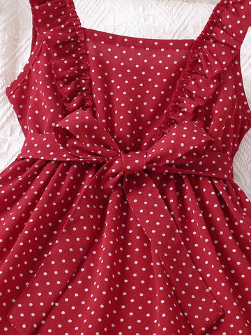 Young Girls' Summer Holiday Style Polka Dot Skull Print Sleeveless Dress With Ruffle Trim And Decorative Belt