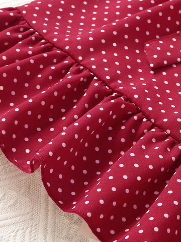 Young Girls' Summer Holiday Style Polka Dot Skull Print Sleeveless Dress With Ruffle Trim And Decorative Belt