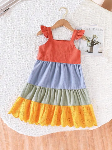 Young Girls' Summer Holiday Style Spaghetti Strap Ruffled Sleeve Colorblock Embroidery Lace Trim Mid-Length Dress