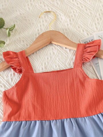 Young Girls' Summer Holiday Style Spaghetti Strap Ruffled Sleeve Colorblock Embroidery Lace Trim Mid-Length Dress