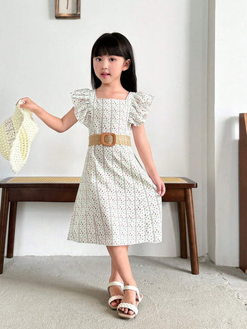 Young Girl's Summer Holiday Sweet And French Style Floral Printed Dress With Ruffle Hem And Woven Belt