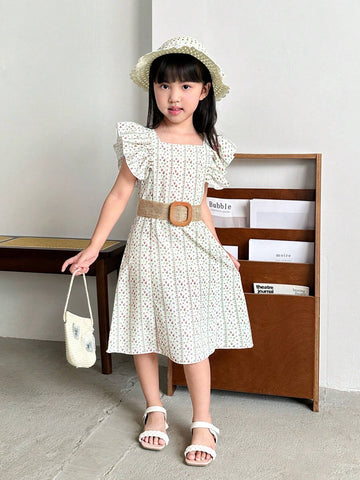 Young Girl's Summer Holiday Sweet And French Style Floral Printed Dress With Ruffle Hem And Woven Belt