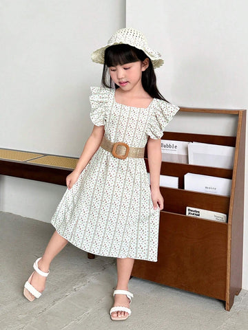 Young Girl's Summer Holiday Sweet And French Style Floral Printed Dress With Ruffle Hem And Woven Belt