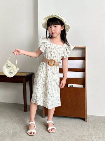 Young Girl's Summer Holiday Sweet And French Style Floral Printed Dress With Ruffle Hem And Woven Belt