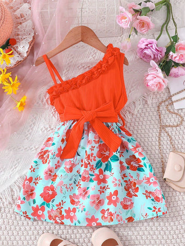 Young Girls' Summer Irregular Shoulder Ruffle Hem Belted Dress With Lovely Floral Print