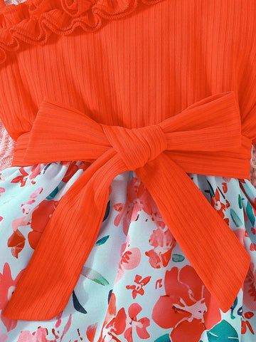 Young Girls' Summer Irregular Shoulder Ruffle Hem Belted Dress With Lovely Floral Print