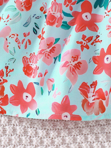 Young Girls' Summer Irregular Shoulder Ruffle Hem Belted Dress With Lovely Floral Print