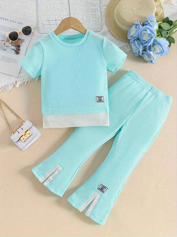 Young Girls' Summer Letter Print Short Sleeve T-Shirt And Flared Pants Fashion Two-Piece Set