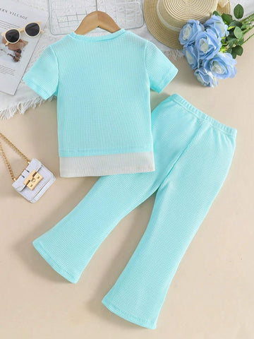 Young Girls' Summer Letter Print Short Sleeve T-Shirt And Flared Pants Fashion Two-Piece Set