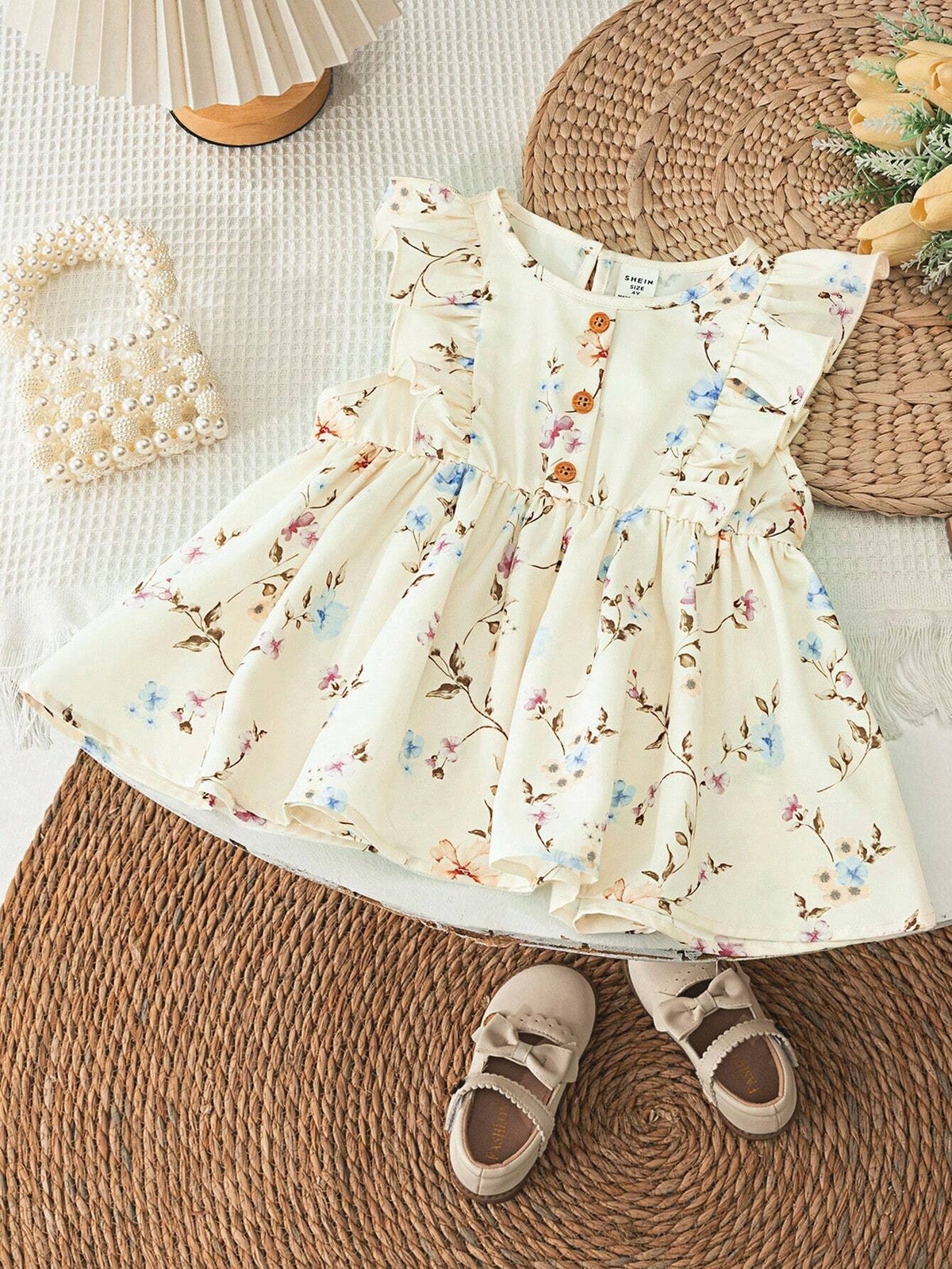 Young Girl's Summer Loose Fit Round Neck Floral Shirt With Ruffled Hemline And Elastic Waist