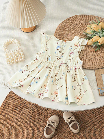 Young Girl's Summer Loose Fit Round Neck Floral Shirt With Ruffled Hemline And Elastic Waist
