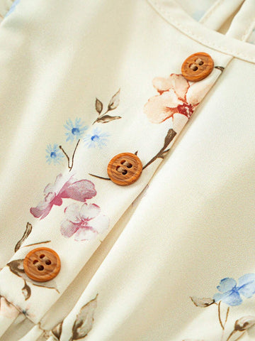 Young Girl's Summer Loose Fit Round Neck Floral Shirt With Ruffled Hemline And Elastic Waist