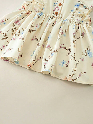 Young Girl's Summer Loose Fit Round Neck Floral Shirt With Ruffled Hemline And Elastic Waist