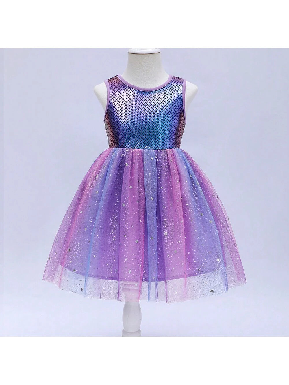 Young Girls" Summer Mermaid Fish Scale Printed Tulle Princess Dress With Starry Sky Netting