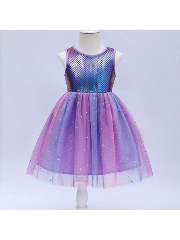 Young Girls" Summer Mermaid Fish Scale Printed Tulle Princess Dress With Starry Sky Netting