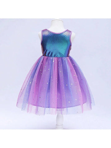 Young Girls" Summer Mermaid Fish Scale Printed Tulle Princess Dress With Starry Sky Netting