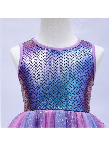 Young Girls" Summer Mermaid Fish Scale Printed Tulle Princess Dress With Starry Sky Netting