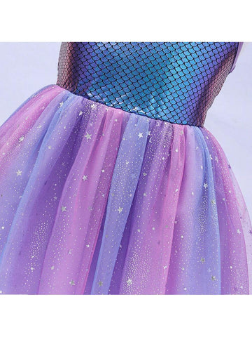Young Girls" Summer Mermaid Fish Scale Printed Tulle Princess Dress With Starry Sky Netting