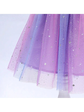Young Girls" Summer Mermaid Fish Scale Printed Tulle Princess Dress With Starry Sky Netting