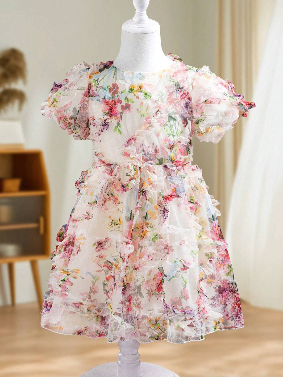 Young Girl's Summer Mesh 3D Floral Round Neck Short Puffy Sleeve Cute Dress