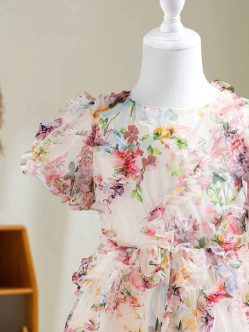 Young Girl's Summer Mesh 3D Floral Round Neck Short Puffy Sleeve Cute Dress