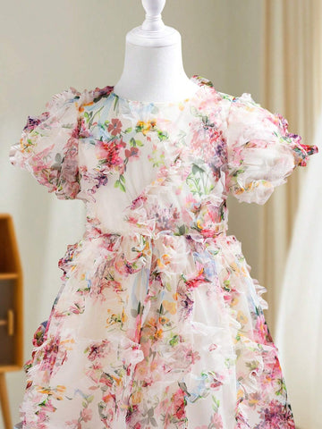 Young Girl's Summer Mesh 3D Floral Round Neck Short Puffy Sleeve Cute Dress