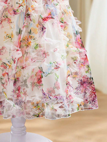 Young Girl's Summer Mesh 3D Floral Round Neck Short Puffy Sleeve Cute Dress